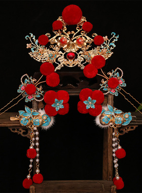 古风汉服cos小财神妆造发饰新年红色毛球发冠长流苏发夹饰品组合