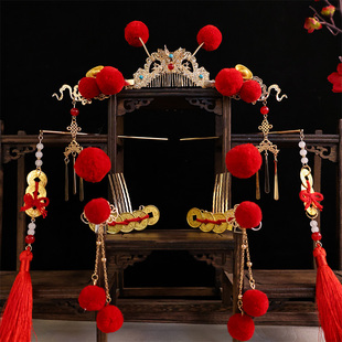 汉服小财神铜钱新年款秋冬儿童红色毛球流苏发夹发冠发饰喜庆配饰