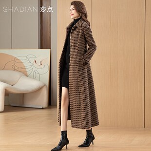 秋冬新款厚毛呢外套长款毛毛格子大衣貂绒收腰显瘦洋气高级感女装