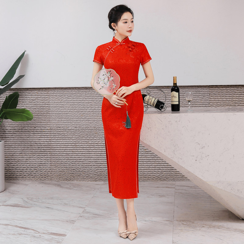 红色长旗袍外嫁女金花回娘家活动款短袖复古走秀宴会礼物仪演出婚