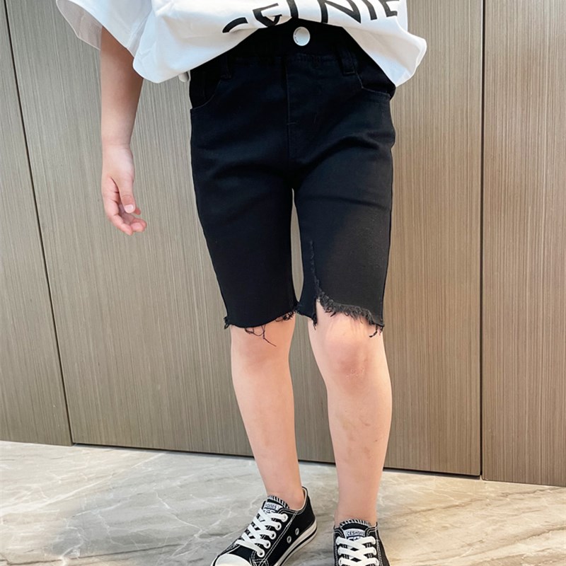 女童牛仔黑色小脚紧身短裤2025夏季新款宝宝建议百搭瘦版五分裤子