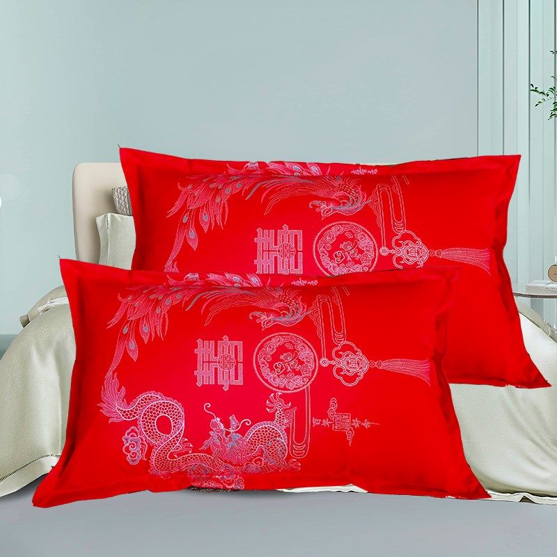 纯棉枕套加厚大红色拉链式高档全棉婚庆枕头套48x74cm单人枕套2只