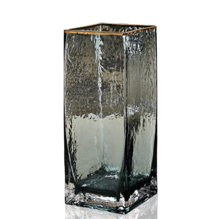 描金轻奢玻璃花瓶 日式锤目纹简约花器客厅水养插花花瓶装饰摆件