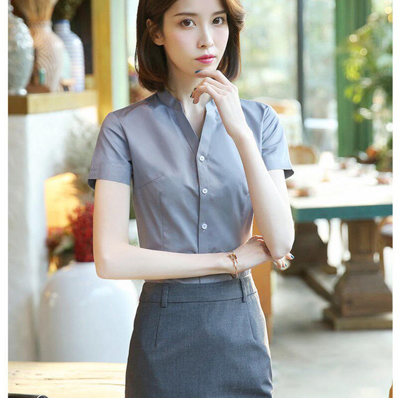 高端白色七分袖袖连体衬衫女职业工作装连裤衬衣v立领夏中袖上衣