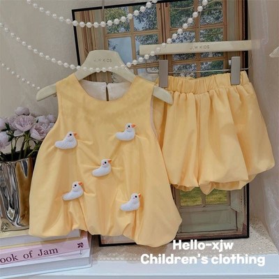 女童夏季无袖花苞裙套装2024新款立体玩偶超可爱洋气公主灯笼裙潮