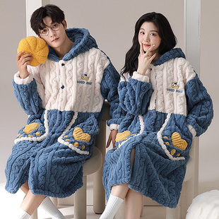 可人儿情侣睡袍冬季保暖法兰绒睡衣珊瑚绒浴袍中长款男女士家居服