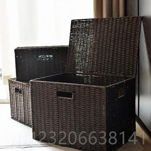 园藤编收纳筐带盖储物家用整理箱田衣服零框食杂物篮盒编织大 正品