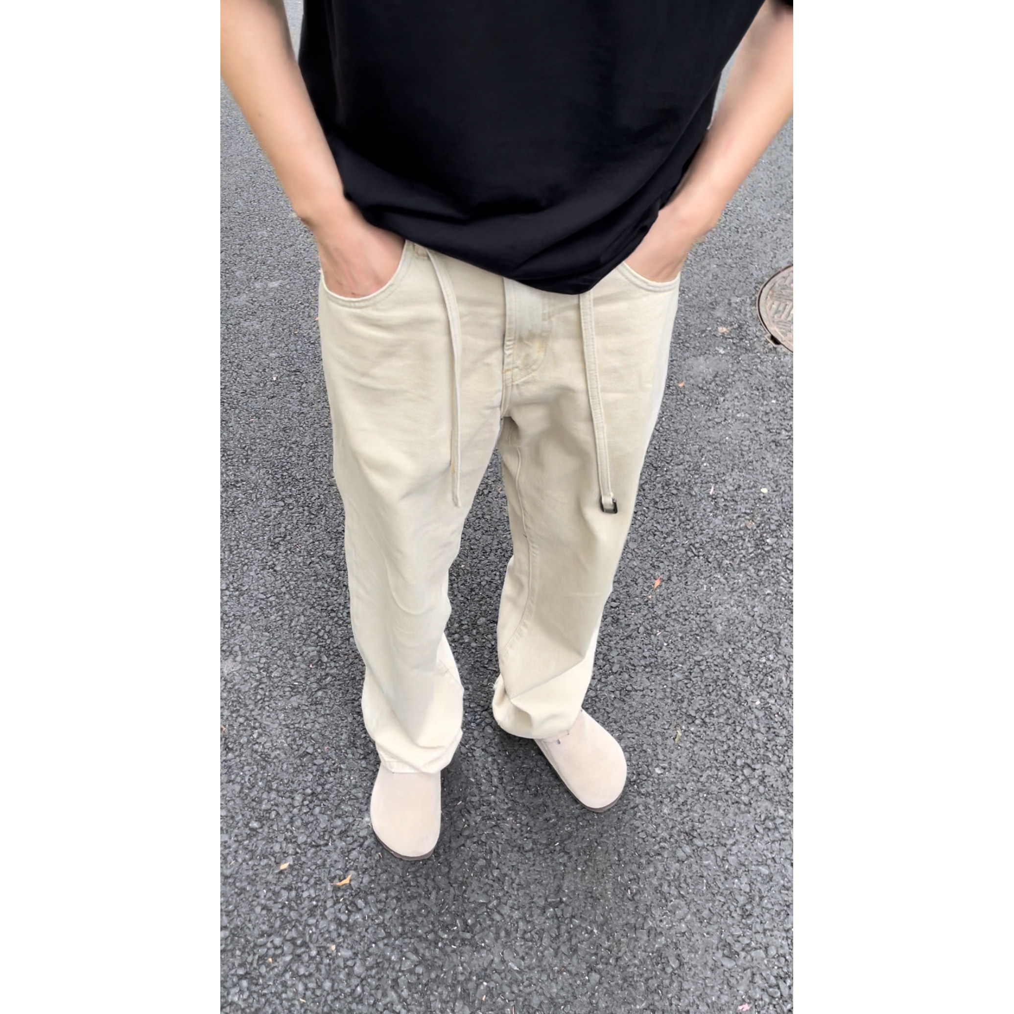 浅卡其色宽松水洗直筒牛仔裤腰绳小设计男女同款休闲牛仔裤