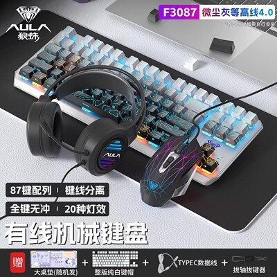 狼蛛87键机械键盘鼠标套装耳机全家桶有线电竞游戏F3087办公通用
