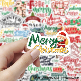 80张圣诞节文字贴纸可爱卡通圣诞老人英文涂鸦装 饰手账防水小贴画