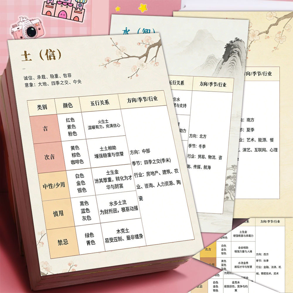 6张补五行文化五行喜忌速查表贴纸命理风水相关笔记装饰防水贴画