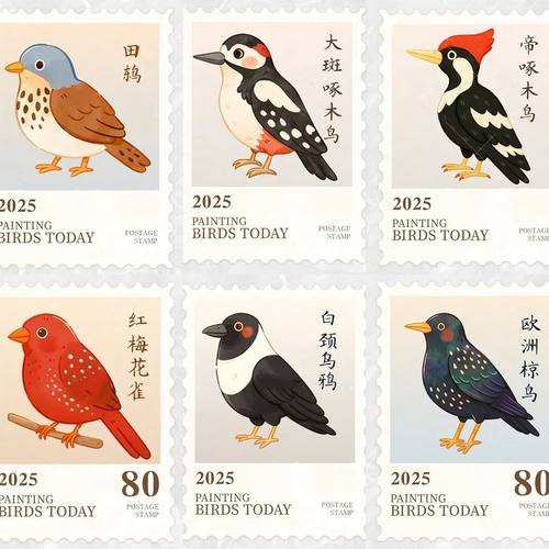 180张鸟类邮票贴纸ins风高颜值卡通可爱插画小鸟图鉴简约贴画装饰