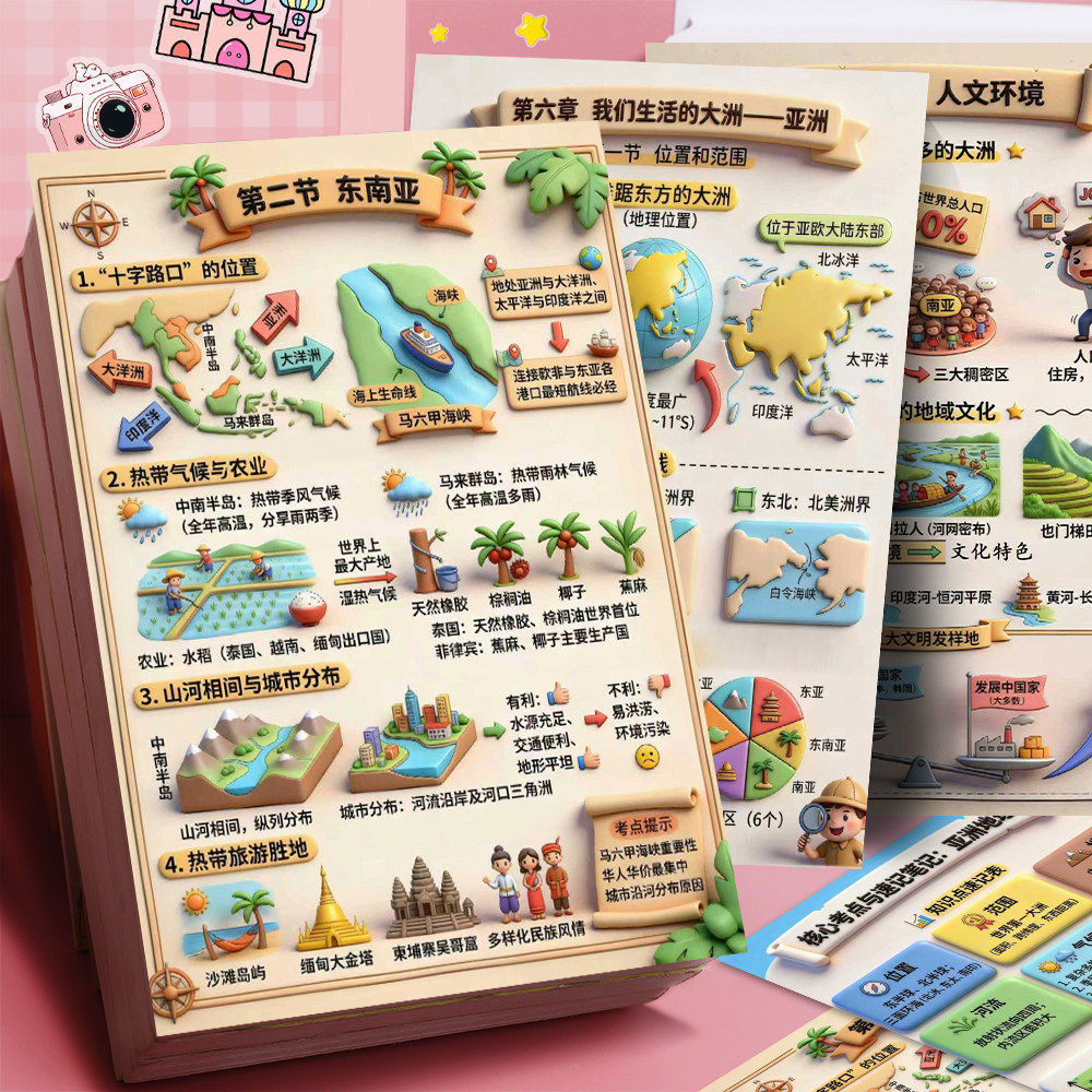 初中地理亚洲考点速记贴纸18张