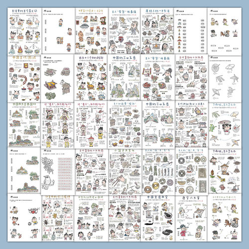 60张古代传统知识贴纸 科普文化知识儿童辅助学习DIY手账防水贴画