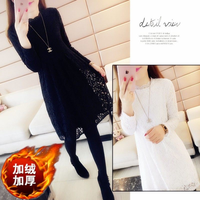 蕾丝加绒打底衫女长袖秋冬季大码女装宽松加厚上衣显瘦中长款t恤