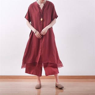 2023夏季新款铜氨丝休闲套装拼丝长衬衣显瘦条纹阔腿裤时尚两件套