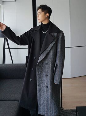 冬装韩版英伦拼接设计男士中长款宽松过膝毛N呢大衣青年风衣外套