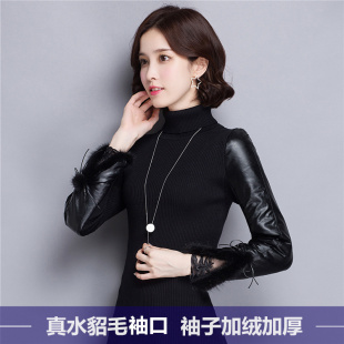 针织衫 女秋冬加绒加厚内搭羽绒棉袖 配马甲百搭毛衣 打底衫 高领皮袖