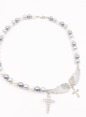 国潮珍珠十字架天使之翼翅膀项链小众设计不规则拼接男女锁骨颈链