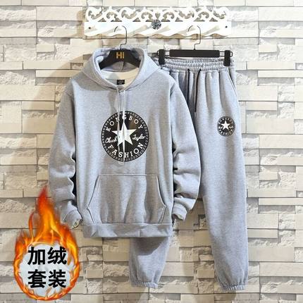 秋冬季套装连帽卫衣男休闲加绒加厚运G动长袖两件套班服大码情侣