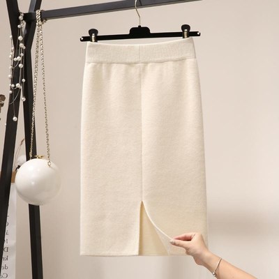 高腰针织半身裙女2024秋冬中长款D包臀开叉一步裙小个子白色毛线