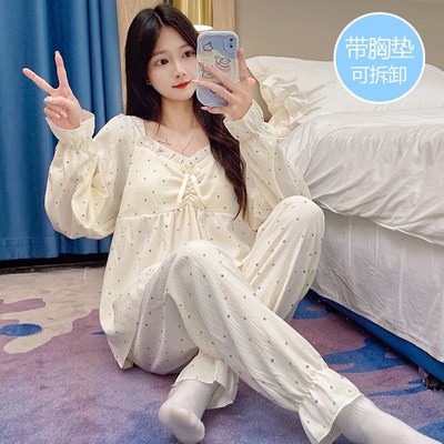 带胸垫睡衣女春秋冬季纯棉长袖公主风加肥加大码可外穿家居服套装