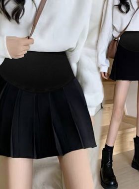 孕妇短裙秋冬显i瘦毛呢森系纯色百褶裙A字半身短裙孕妈外穿托腹裙