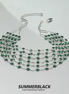 黑姑姑首饰多层绿色锆石项链女轻奢小众高级感锁骨链2024新款爆款