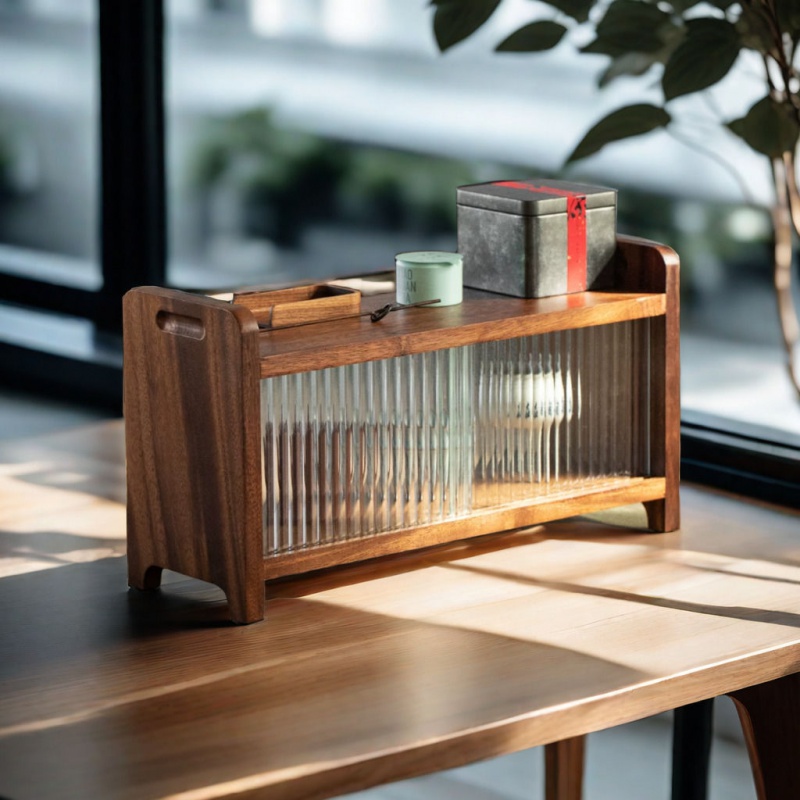 胡桃木桌面茶杯架子茶具带推拉门收纳架实木小型置物架台式博古架