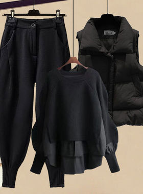 小个子套装三件套女秋冬季炸街假两件毛衣上衣面包服马甲哈伦卫裤