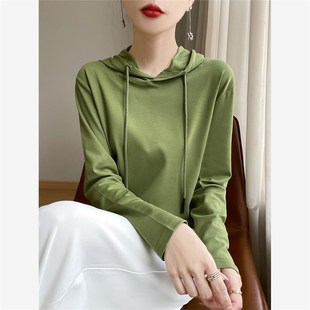 女纯色抽绳连帽卫衣宽松精梳棉上衣 T恤帽衫 24春秋款 100%纯棉长袖