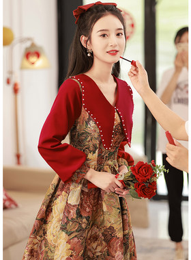 平时可穿敬酒服新娘2025新款长袖结婚订婚晚礼服连衣裙翻领酒红色