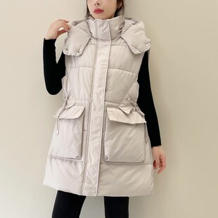 欧货休闲中长款连帽羽绒棉马甲女2024秋冬季宽松大码马夹加厚外套