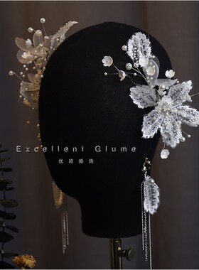 新品韩式仙气蕾丝闪亮花朵甜美发夹串珠法式婚纱造型新娘头饰配饰