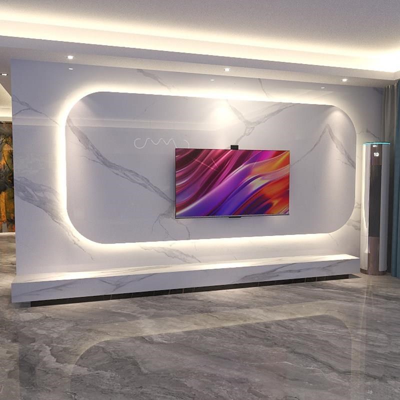 岩板大板电视背景墙现代轻奢悬空连纹大理石Q客厅格栅影视墙瓷砖