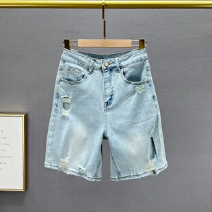 薄牛仔五分裤女短裤2024年新款夏装高腰修身显瘦港风破洞直筒马裤