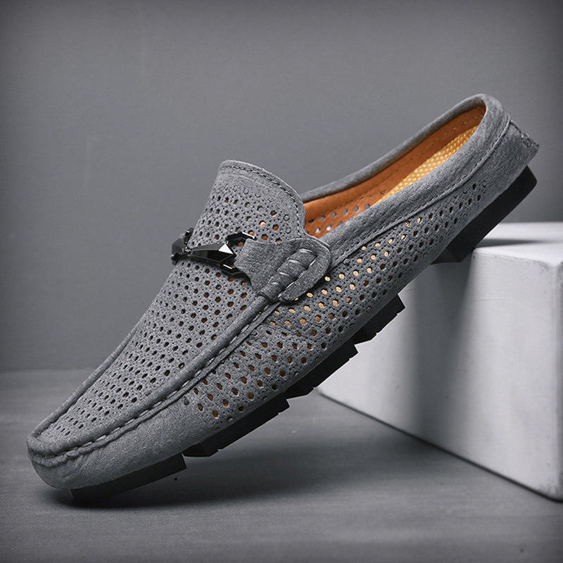 半拖鞋男真皮2024夏季透气无后跟懒人镂空一脚蹬休闲凉鞋豆豆皮鞋,流行男鞋,乐福鞋（豆豆鞋）,淘宝优惠券,粉丝福利购,淘宝优惠卷