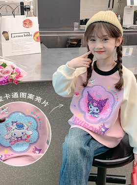 女童厚T恤秋冬款2023新款秋装衣服加绒小女孩可变亮片儿童冬装上