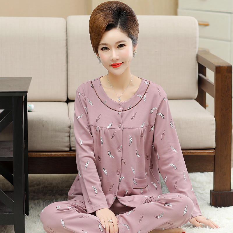 中老年人睡衣女春秋季纯棉长袖薄款妈妈家居服秋S天全棉加大码套
