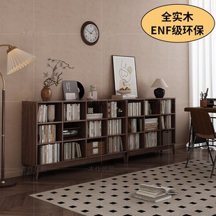 复古收纳格子柜落地展示储物柜 中古风实b木书柜一体整墙书架法式