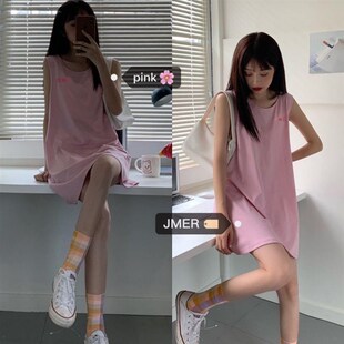 A睡裙女夏背心韩版学生可外穿夏天甜美可爱无Q袖宽松孕妇睡衣中长