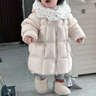 女童羽绒服2026年秋冬可爱甜美纯色连帽羽绒中长款厚外套上衣