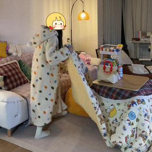 波点连帽加厚可外穿睡衣家居服可爱温馨睡袍女冬季新款加绒彩色