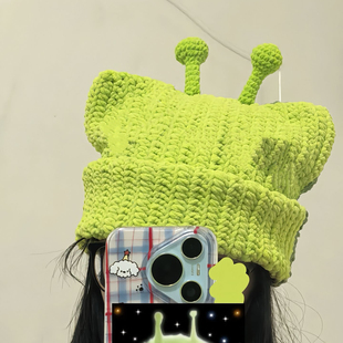绿色触角新款外星小猫冬帽保暖可爱手工针织帽绿毛线帽子