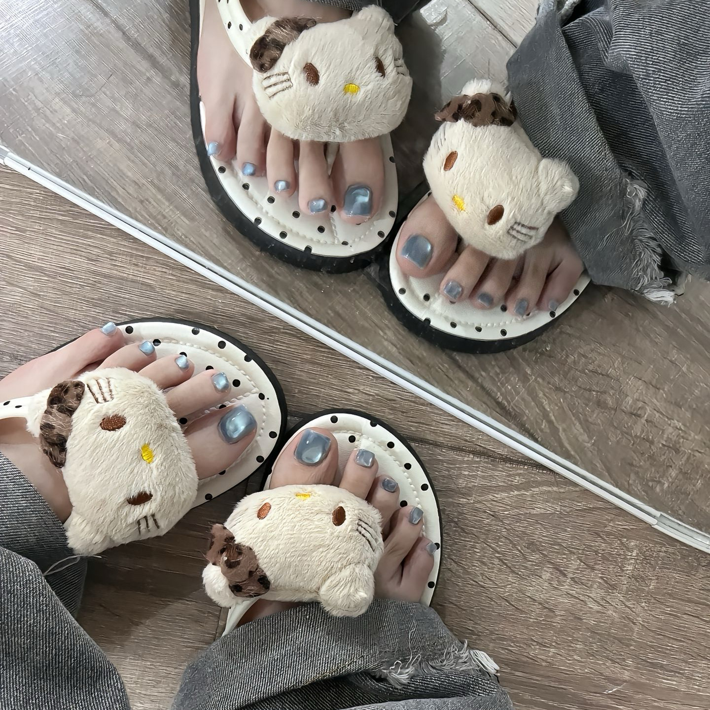 可爱小猫头波点夏季防滑沙滩夹趾凉拖鞋女外厚底新款卡通人字拖