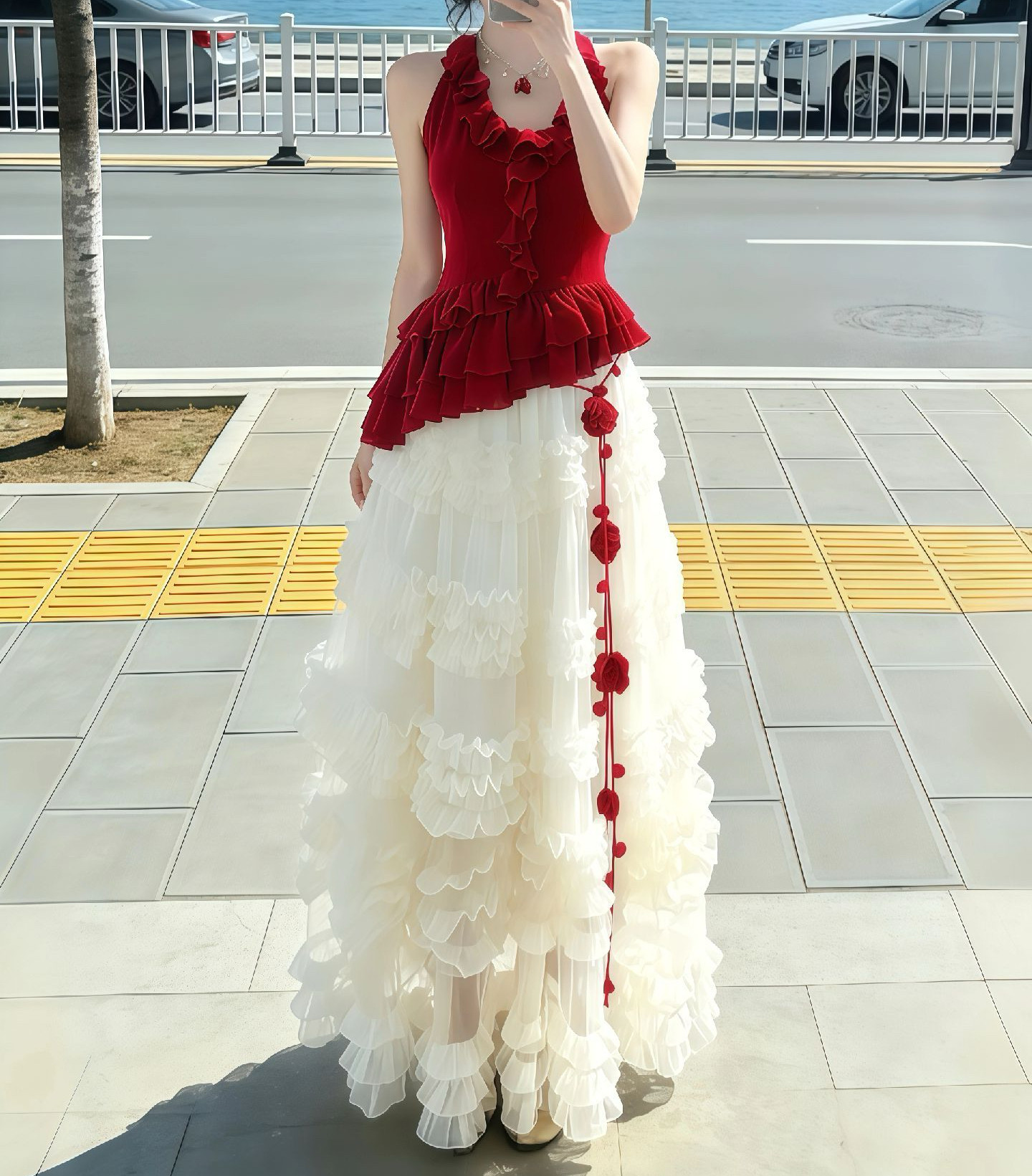 夏季高腰半身裙长裙两件套时尚气质设计感荷叶边挂脖吊带背心套装