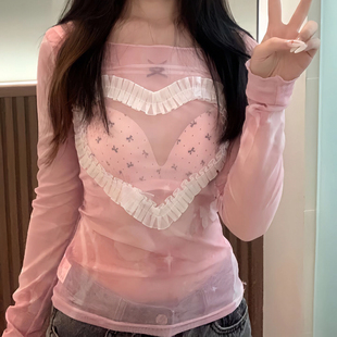 纯欲风紧身显瘦扎染辣妹打底上衣ins夏日木耳边爱心网纱长袖T恤女