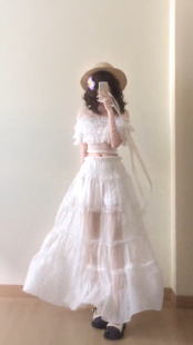 荷叶边上衣高腰蝴蝶结半身裙两件套海岛度假风辣妹夏季白色一字肩