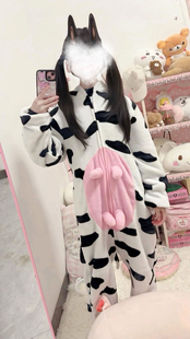 睡袍卡通连体动物粉色奶牛家居服奶牛睡衣秋冬法兰绒新款2026