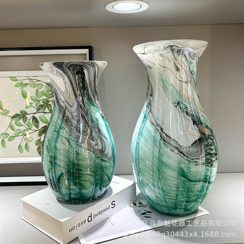 现代艺术手工水墨琉璃花瓶客厅餐桌D摆件创意插花样板间高级感装